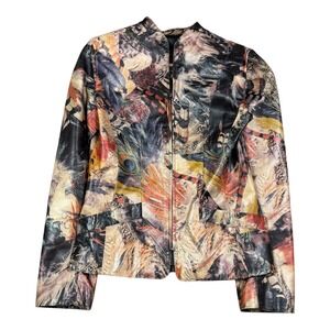 Mira Flores‎ Feather All Over Print Multicolor Leather Jacket Women's Small